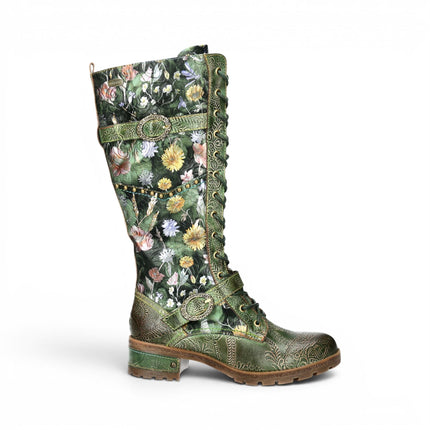 Laura Vita Women's Victorian Floral Green Leather High Lace-Up Long Boots - Cocrailo-82
