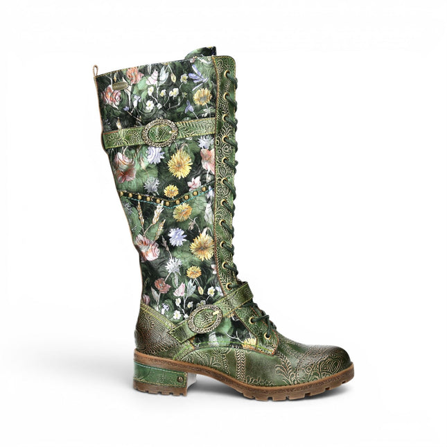 Laura Vita Women's Victorian Floral Green Leather High Lace-Up Long Boots - Cocrailo-82