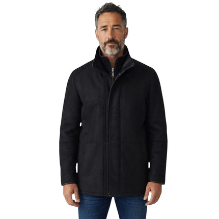 Mens Black Leather Funnel Neck Collar Coat Jacket - Thomas