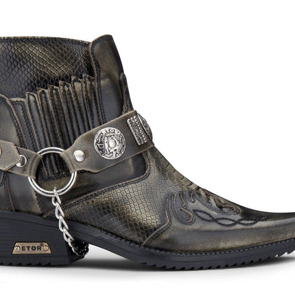Mens Olive Snakeskin Winklepicker Cowboy Leather Ankle Boots