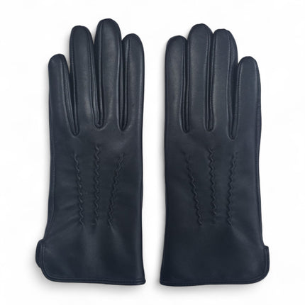 Womens Black Italian Leather Winter Stitch Line Design Soft Wool Lining Gloves - L-GLV-301