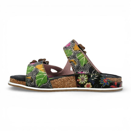 Laura Vita Women's Brcyano 32 Black Floral Leather Strappy Slipper Sandals