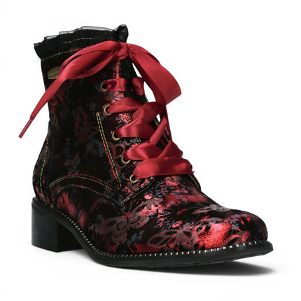 Laura Vita Floral Womens Gothic Victorian Red Leather Ankle Heeled Boots - Emcmao-45