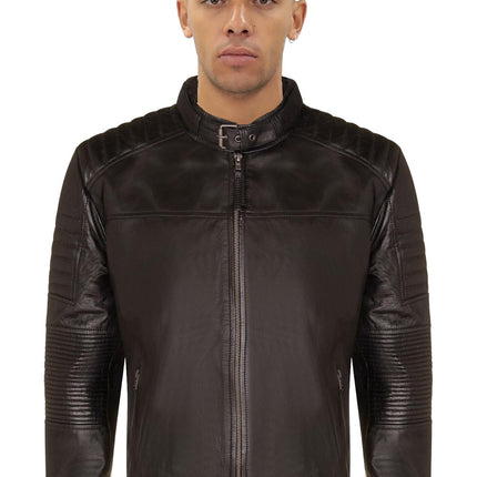 Mens Black Leather Quilted Biker Jacket - Paris