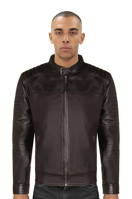 Mens Black Leather Quilted Biker Jacket - Paris