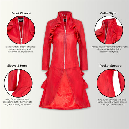 Womens Goth Red Leather High Collar Victorian Flare Tailcoat - Challa