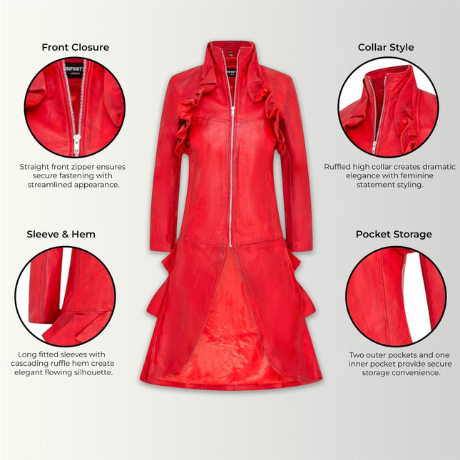 Womens Goth Red Leather High Collar Victorian Flare Tailcoat - Challa