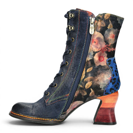 Laura Vita Women's Goth Victorian Floral Blue Leather Lace-Up Heeled Boots - Eleao-42
