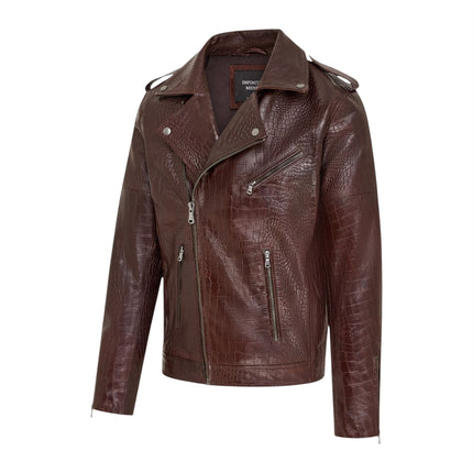 Mens Brown Cow Leather Alligator Print Embossed Biker Jacket - Rot