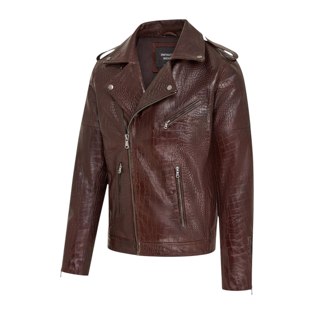 Mens Brown Cow Leather Alligator Print Embossed Biker Jacket - Rot