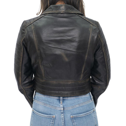 Womens Cropped Brando Leather Biker Jacket-Damascus