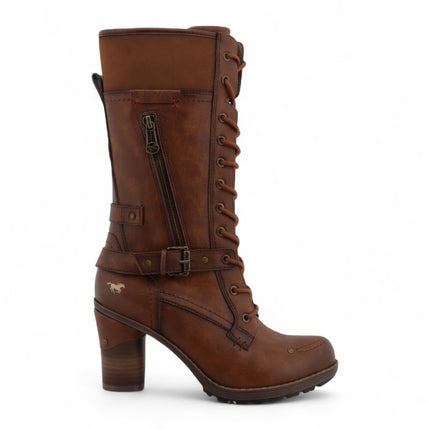 Mustang Women's Brown Mid-Calf Lace Up Heeled Combat Boots