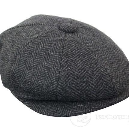 Mens Peaky Blinders Charcoal Tweed Gatsby Flat Baker Hat