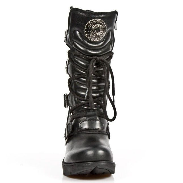 New Rock Ladies Black Leather Metallic Gothic Boots- Tr003-S1