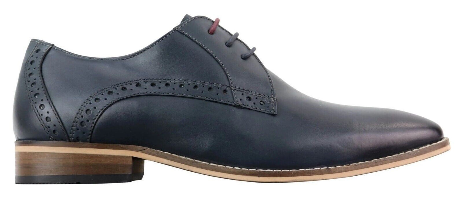 Mens Classic Oxford Brogue Derby Shoes In Navy Blue Leather