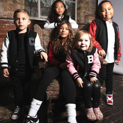 Kids Green Wool Varsity Bomber Jacket with Real Leather Sleeves