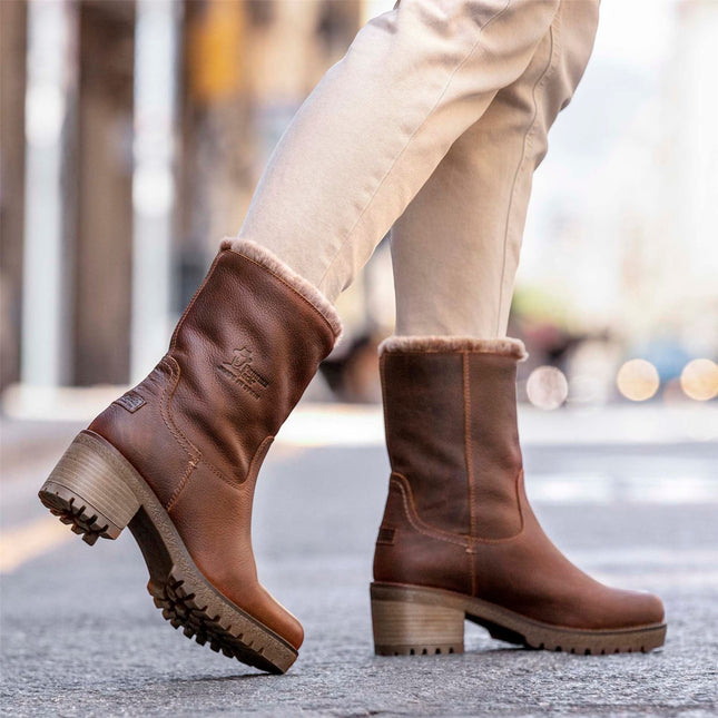 Panama Jack Women's Bark Brown Leather Waterproof Warm Heeled Boots - Piola B8
