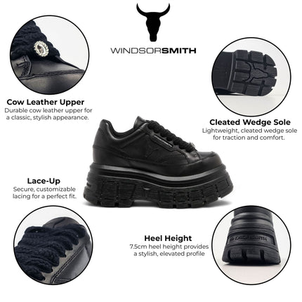 Windsorsmith Womens Black Chunky Leather Platform Trainers Sneakers - Swerve