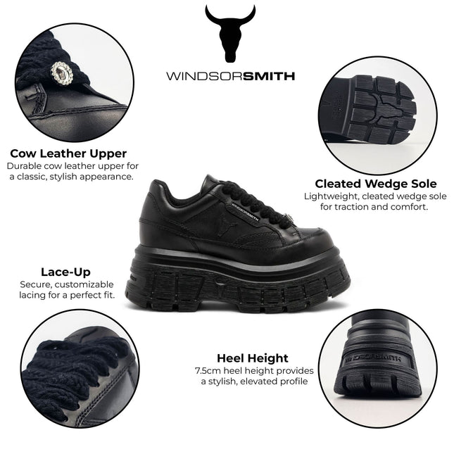 Windsorsmith Womens Black Chunky Leather Platform Trainers Sneakers - Swerve