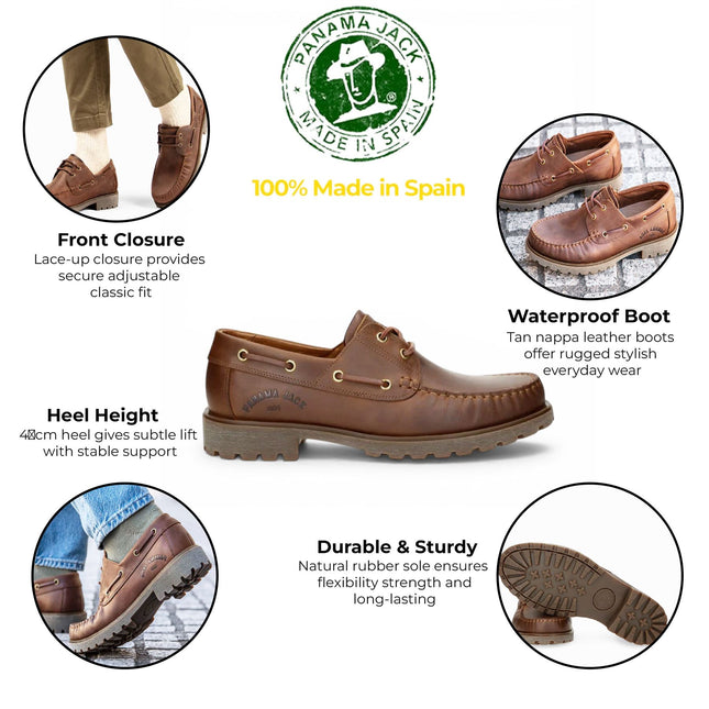 Panama Jack Boat C5 Men's Waterproof Bark Brown Leather Lace-Up Low-Cut Ankle Boots -