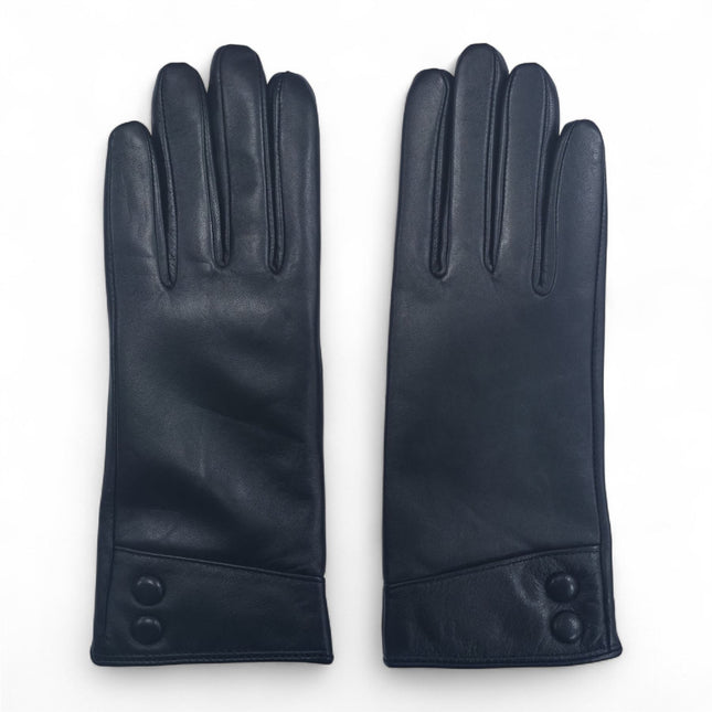 Womens Black Italian Leather Winter Button Design Soft Wool Lining Gloves - L-GLV-501