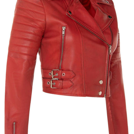 Womens Cropped Brando Leather Biker Jacket-Damascus