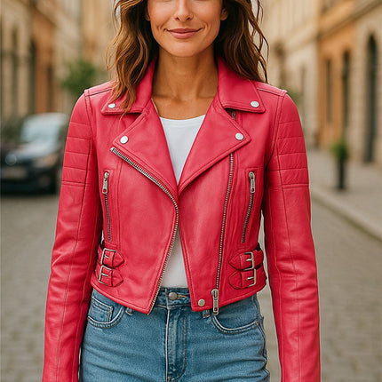 Womens Cropped Brando Leather Biker Jacket-Damascus