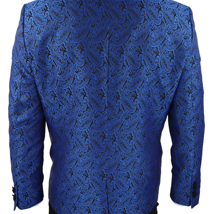 Mens Blue Tuxedo Blazer Waistcoat Brocade Black Satin Paisley Dinner Jacket