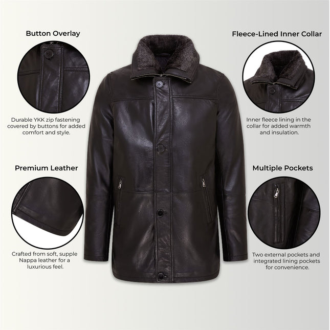 Mens Leather Jacket Classic Trench Coat with Removable Collar Mid Length Warm Overcoat