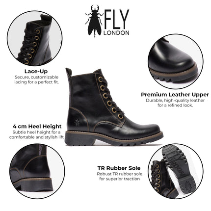 Fly London Womens Black Ragi539 Casual Rug Leather Lace-Up Ankle Boots