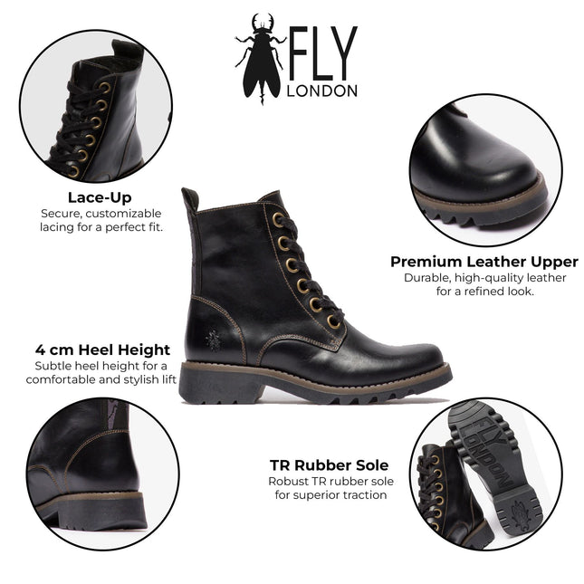 Fly London Womens Black Ragi539 Casual Rug Leather Lace-Up Ankle Boots