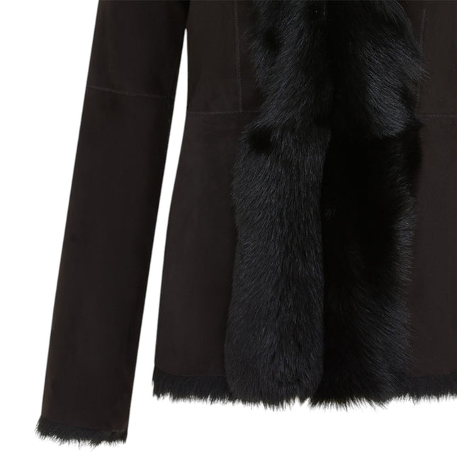 Women's Black Sheepskin Toscana Shearling Suede Leather Jacket - Noiré