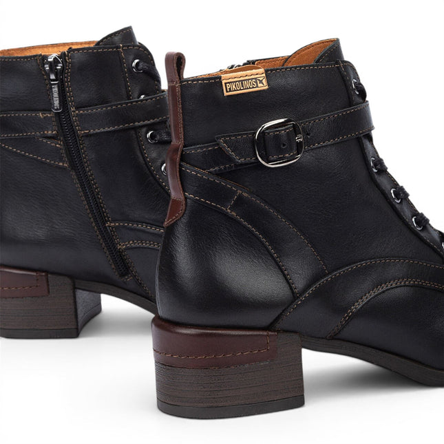 Pikolinos Women's Black Leather Lace-Up Mid-Heel Ankle Boots - Malaga