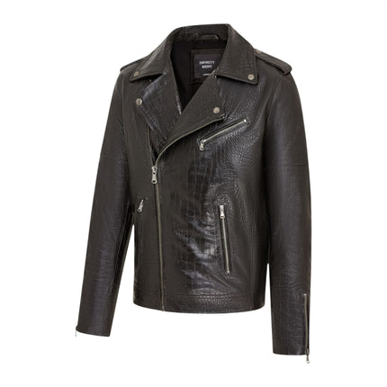 Mens Black Cow Leather Alligator Print Embossed Biker Jacket - Rot