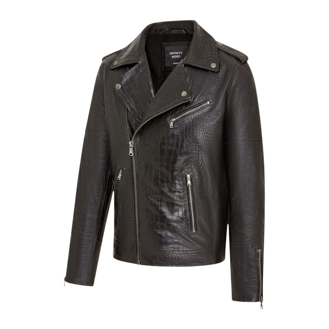 Mens Black Cow Leather Alligator Print Embossed Biker Jacket - Rot