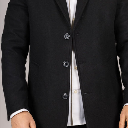 Men's Notched Lapel Collar Wool Blend Black Overcoat
