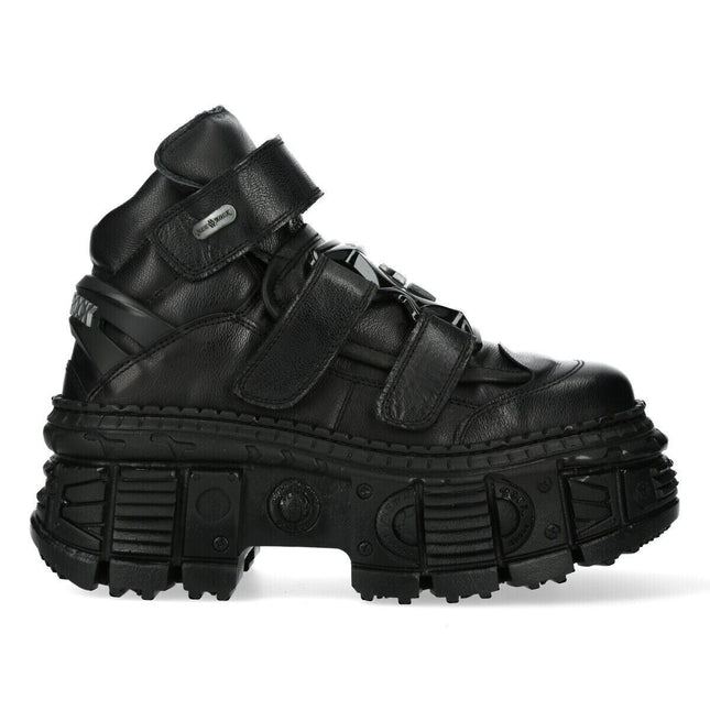 New Rock Metallic Ankle Black Leather Boots-WALL285-S2