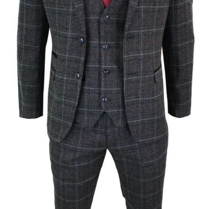 Mens 3 Piece Charcoal Grey Tweed Check Vintage Retro Suit