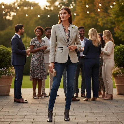 Women's Cream Check Wool Blend Herringbone Tweed Tailored Blazer - Caridi