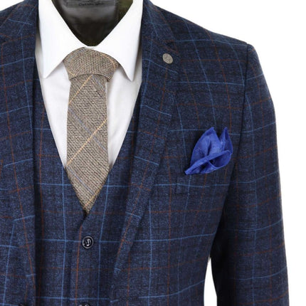 Mens 3 Piece Navy Blue Tweed Check Vintage Suit