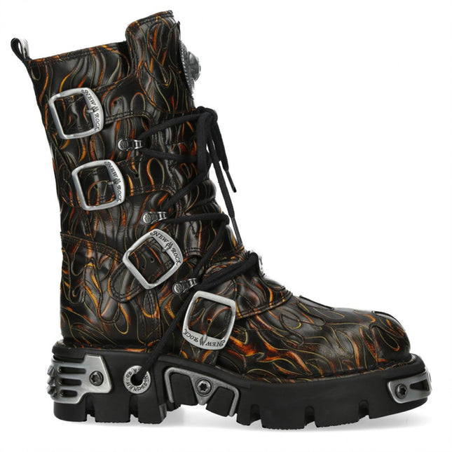 New Rock M-591-C62 Mid-Calf High Black Flame Leather Metallic Gothic Boots