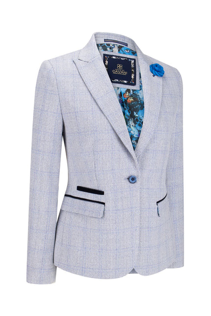 Womens Blue Check Blazer Wool Blend Herringbone Tweed