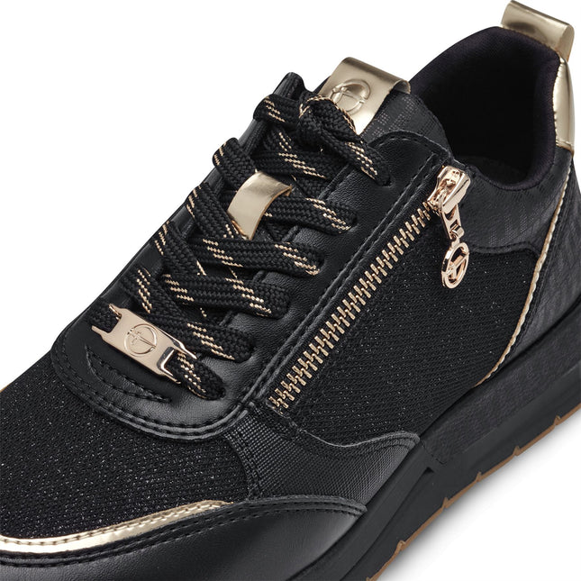Tamaris Womens Black Gold Fashion Lace-Up Zipped Sneakers Trainers