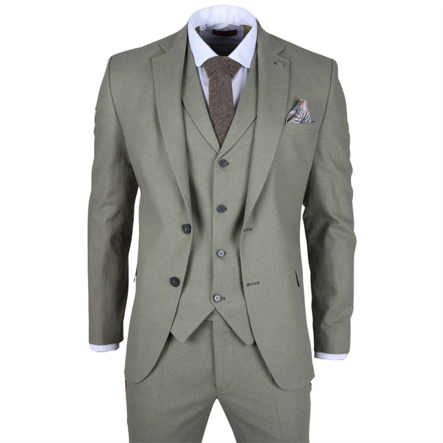 Men's Sage Green Tailor Fit 3 Piece Linen Summer Wedding Suit