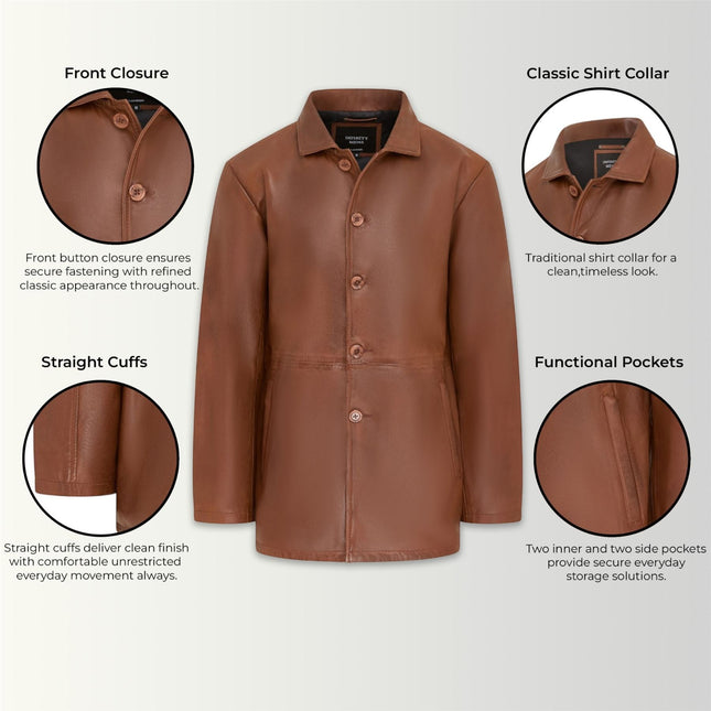 Men's Tan Leather Long Collared Car Coat Jacket - Berry