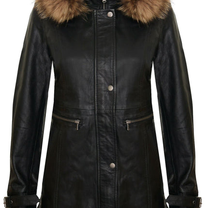 Womens Warm Leather Hooded Parka Jacket-Northwich