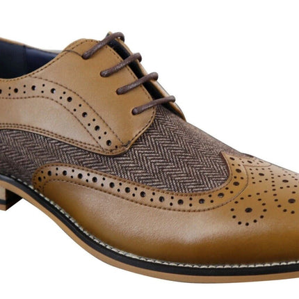 Mens Classic Oxford Tweed Brogue Shoes In Tan Leather