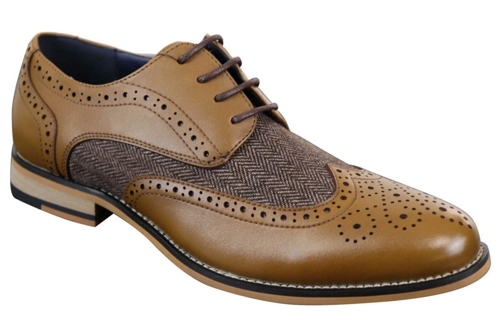 Mens Classic Oxford Tweed Brogue Shoes In Tan Leather