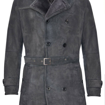 Mens Shearling Sheepskin Suede Pea Coat-Cali