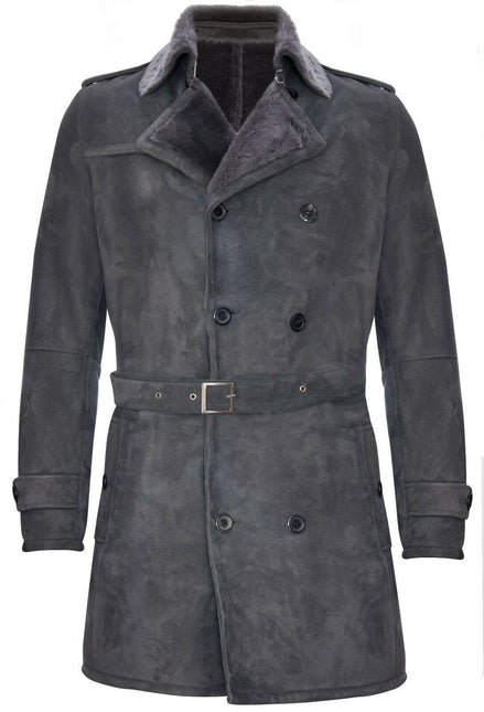 Mens Shearling Sheepskin Suede Pea Coat-Cali